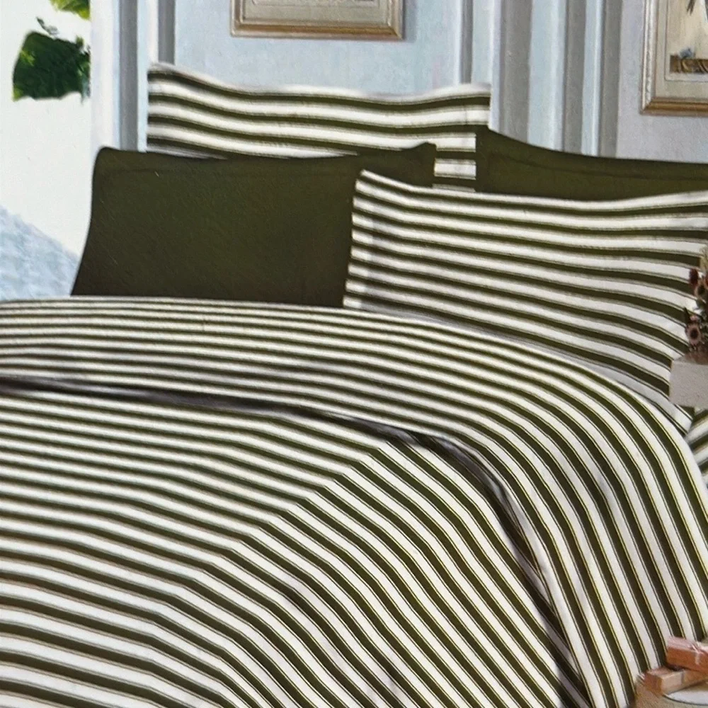 Traditional At Home 4 pc Twin Sheet Set Olive Green and white stripes. - Picture 4 of 8